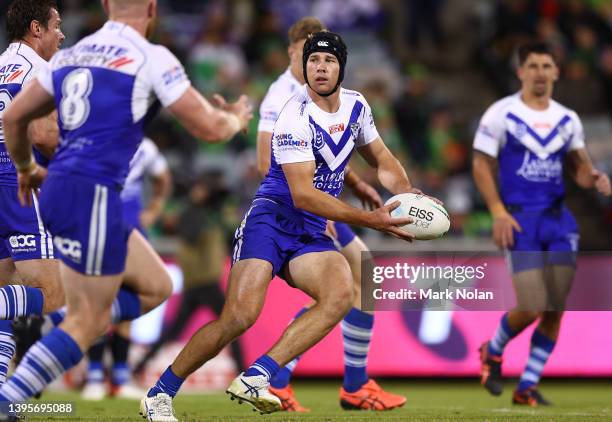 Matt Burton of the Bulldogs in action during the round nine NRL match between the Canberra Raiders and the Canterbury Bulldogs at GIO Stadium, on May...