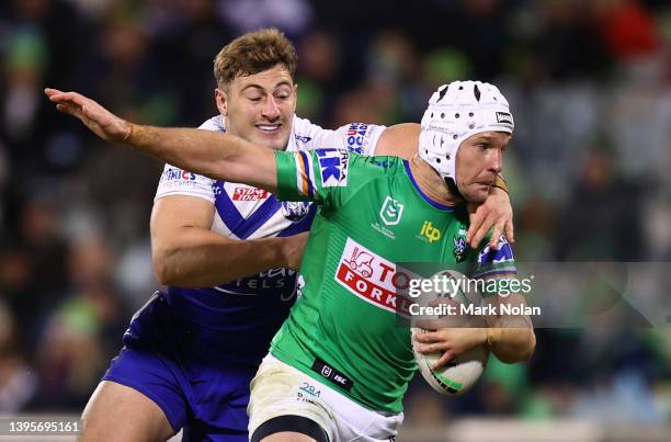 Jarrod Croker of the Raiders in action during the round nine NRL match between the Canberra Raiders and the Canterbury Bulldogs at GIO Stadium, on...