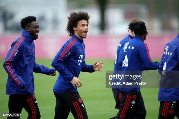 Leroy Sane of Bayern Muenchen reacts during a training session at Saebener Strasse training ground on May 06, 2022 in Munich, Germany.