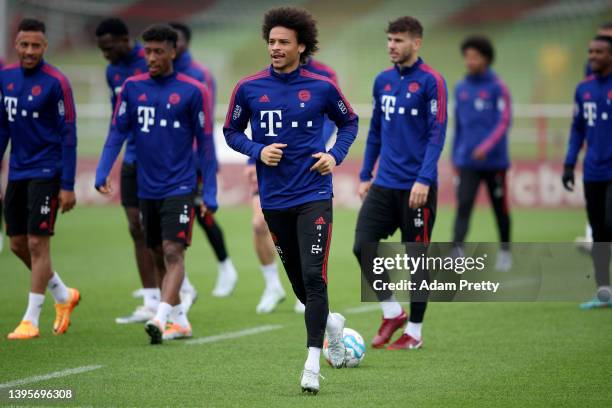 Leroy Sane of Bayern Muenchen reacts during a training session at Saebener Strasse training ground on May 06, 2022 in Munich, Germany.