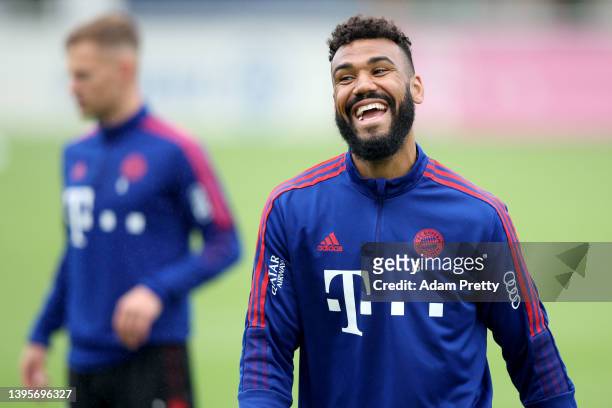 Eric Maxim Choupo-Moting of Bayern Muenchen reacts during a training session at Saebener Strasse training ground on May 06, 2022 in Munich, Germany.