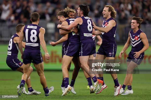 Jye Amiss of the Dockers celebrates a goal during the round eight AFL match between the Fremantle Dockers and the North Melbourne Kangaroos at Optus...