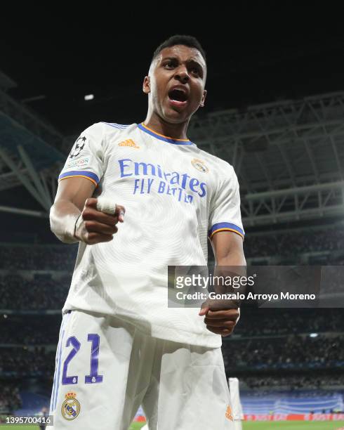 Rodrygo Goes of Real Madrid CF celebrates his team´s third goal during the UEFA Champions League Semi Final Leg Two match between Real Madrid and...
