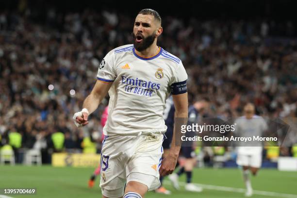 Karim Benzema of Real Madrid CF celebrates scoring their third goal during the UEFA Champions League Semi Final Leg Two match between Real Madrid and...