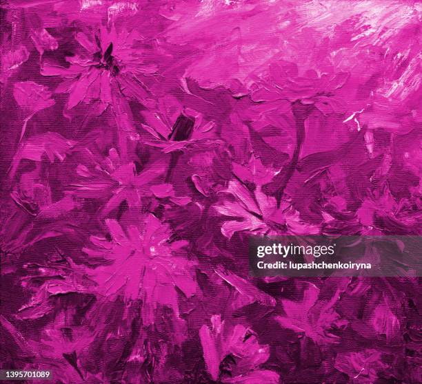 stockillustraties, clipart, cartoons en iconen met illustration oil painting in pink landscape flowers zinnia graceful on a bed of plants among other flower buds of leaf stalks - elegans