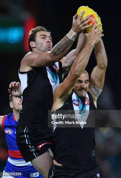 Sam Powell-Pepper of Port Adelaide marks in front of team mate Jeremy Finlayson of Port Adelaide during the round eight AFL match between the Port...