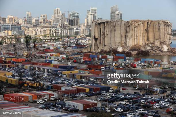 General view shows the damaged silos at the port of Beirut on May 6, 2022 in Beirut, Lebanon. The August 4, 2020 blast at the Port of Beirut, not...