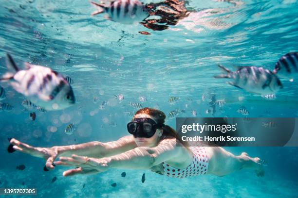 woman snorkling in the ocean - zanzibar foto e immagini stock