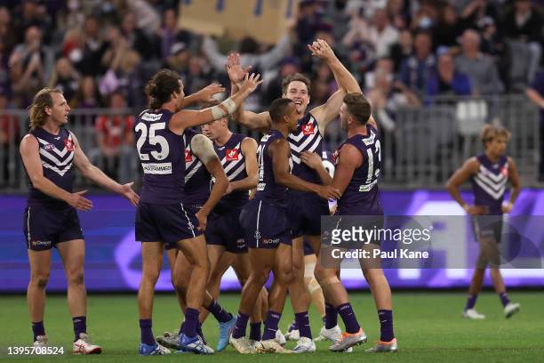 Brennan Cox of the Dockers celebrates a goal during the round eight AFL match between the Fremantle Dockers and the North Melbourne Kangaroos at...