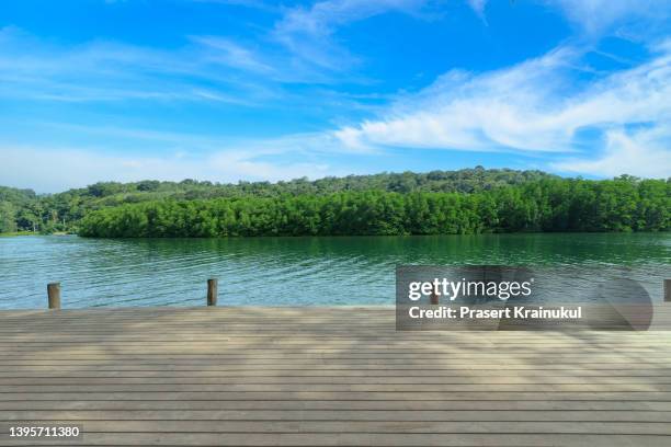 wooden pier with blue sea and sky background. mock up - wooden boat stock pictures, royalty-free photos & images