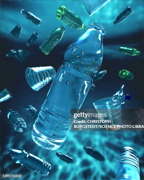 plastic bottles floating under water, illustration - sea cup stock pictures, royalty-free photos & images