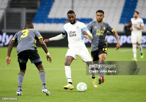 Gerson Santos da Silva of Marseille, Reiss Nelson of Feyenoord during the UEFA Europa Conference League Semi Final Leg Two match between Olympique...