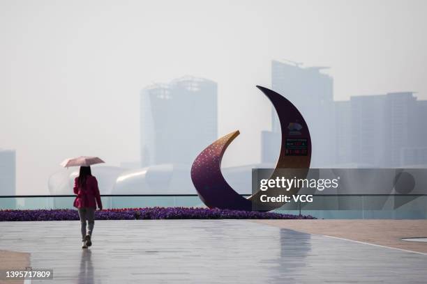 Pedestrian walks by a countdown clock for the 19th Asian Games Hangzhou 2022 on May 6, 2022 in Hangzhou, Zhejiang Province of China.