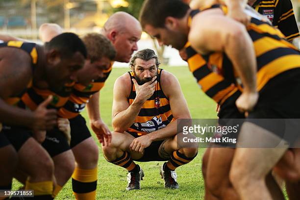 French Rugby player Sebastien Chabal looks on during a Balmain Club Rugby training session at King George Park on February 23, 2012 in Sydney,...