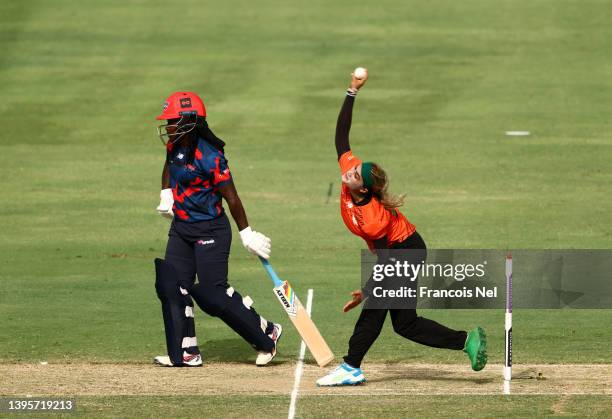 Jahanara Alam of Falcons bowls during the Fairbreak Invitational 2022 T20 match between Barmy Army and Falcons on May 06, 2022 in Dubai, United Arab...