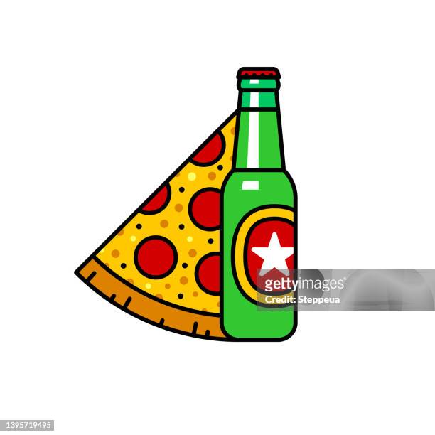 ilustraciones, imágenes clip art, dibujos animados e iconos de stock de botella de cerveza y pizza - artisanal food and drink