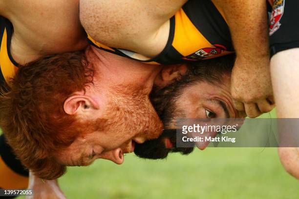 French Rugby player Sebastien Chabal packs down against another player during a Balmain Club Rugby training session at King George Park on February...