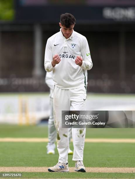 Josh Baker of Worcestershire celebrates dismissing David Bedingham of Durham during the LV= Insurance County Championship match between...