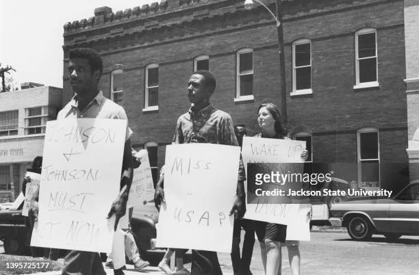 Freedom Summer Demonstrations in Greenville, Mississippi, " Andrew Goodman, James Chaney and Michael Schwerner are missing" Greenville picket line in...