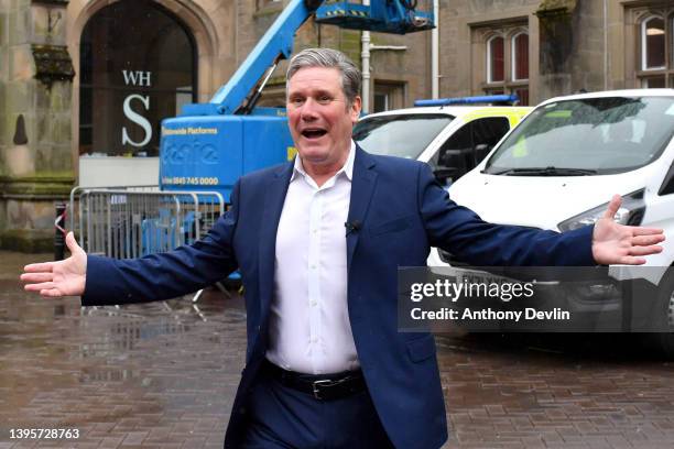 Sir Keir Starmer reacts as he arrives to congratulate winning Labour candidates in the Cumberland Council election on May 06, 2022 in Carlisle,...