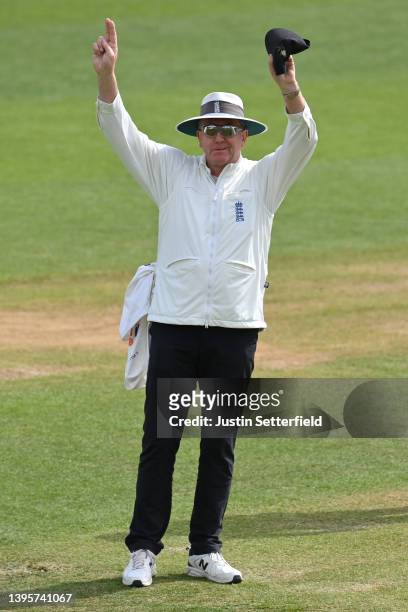 Umpire, Rob Bailey signals a six during the LV= Insurance County Championship match between Essex and Yorkshire at The Cloud County Ground on May 06,...