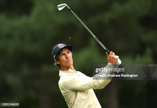 Thorbjorn Olesen of Denmark plays his second shot on the 13th hole during the second round of the Betfred British Masters hosted by Danny Willett at...