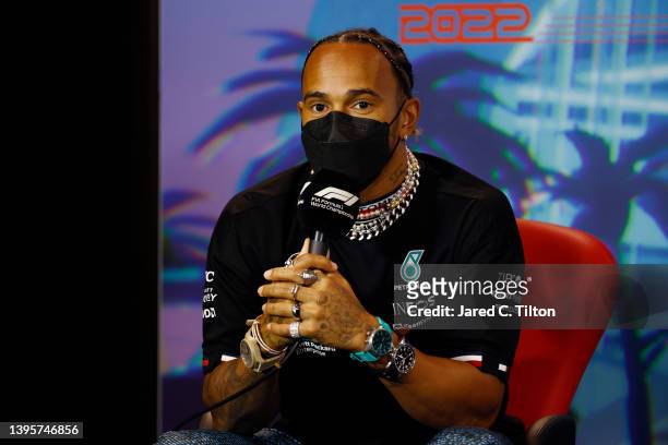 Lewis Hamilton of Great Britain and Mercedes talks in the Drivers Press Conference prior to practice ahead of the F1 Grand Prix of Miami at the Miami...