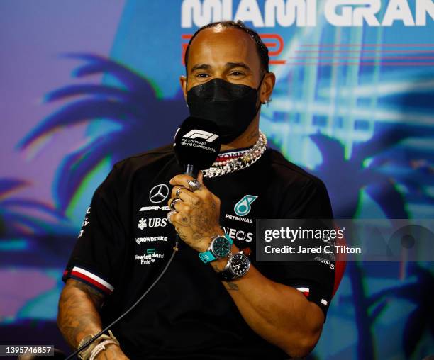 Lewis Hamilton of Great Britain and Mercedes talks in the Drivers Press Conference prior to practice ahead of the F1 Grand Prix of Miami at the Miami...