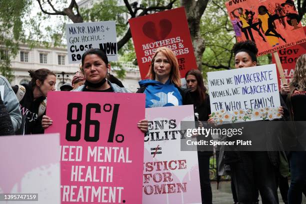 People rally in front of City Hall to demand the closing of the Rosie M. Singer Center at Rikers Island jail on May 06, 2022 in New York City....