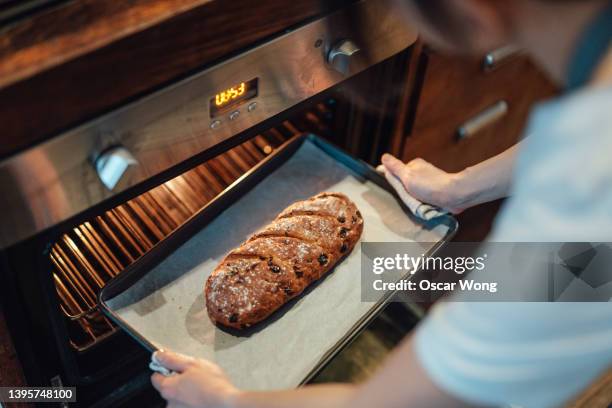 over the shoulder view of female baker taking out a homemade baked bread with a baking tray fresh from the oven - cooking pan fotografías e imágenes de stock