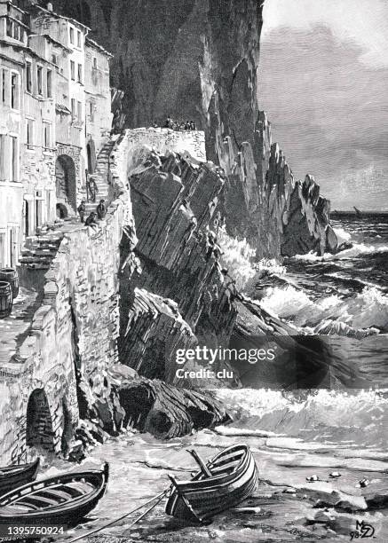 storm on riomaggiore beach - riomaggiore stock illustrations