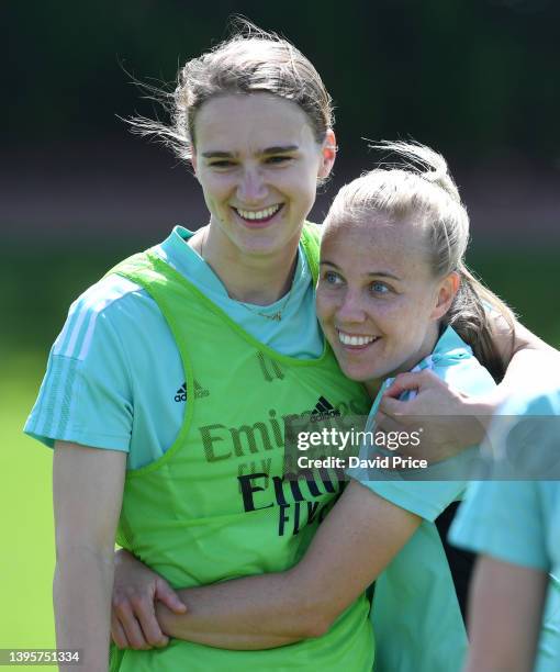 Vivianne Miedema and Beth Mead of Arsenal during the Arsenal Women's training session at London Colney on May 06, 2022 in St Albans, England.