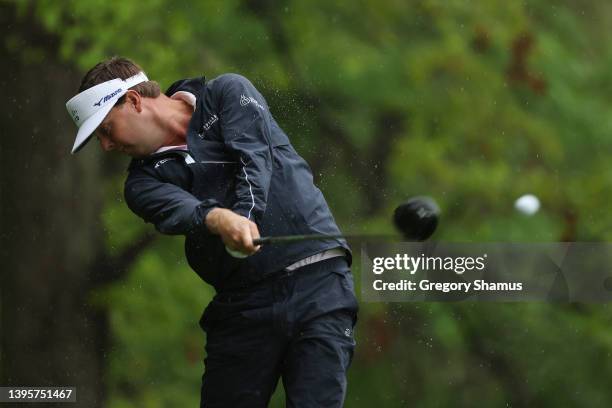 Keith Mitchell of the United States plays his shot from the eighth tee during the second round of the Wells Fargo Championship at TPC Potomac...