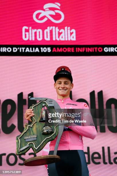 Mathieu Van Der Poel of Netherlands and Team Alpecin - Fenix celebrates at podium as pink leader jersey winner during the 105th Giro d'Italia 2022,...