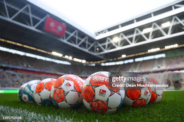 General view of some balls and the Merkur Spiel-Arena before the Second Bundesliga match between Fortuna Düsseldorf and SV Darmstadt 98 at Merkur...