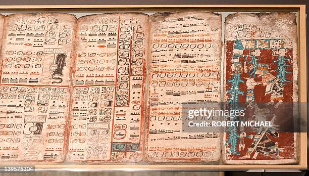 The historic Maya manuscript 'Codex Dresdensis' is displayed under glass at the museum attached to Saxony's federal library on February 22, 2012 in...