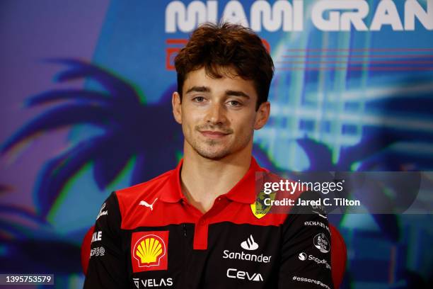Charles Leclerc of Monaco and Ferrari talks in the Drivers Press Conference prior to practice ahead of the F1 Grand Prix of Miami at the Miami...