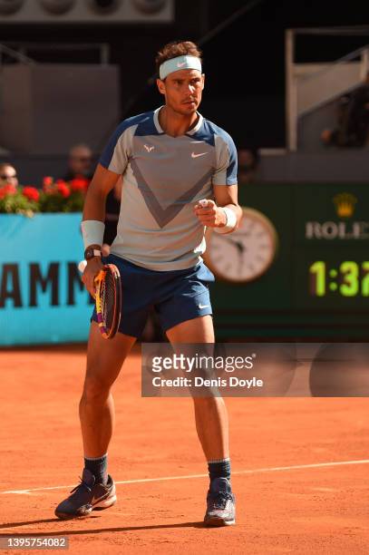 Rafael Nadal of Spain reacts in their quarter-final match against Carlos Alcaraz Garfia of Spain during day nine of Mutua Madrid Open at La Caja...