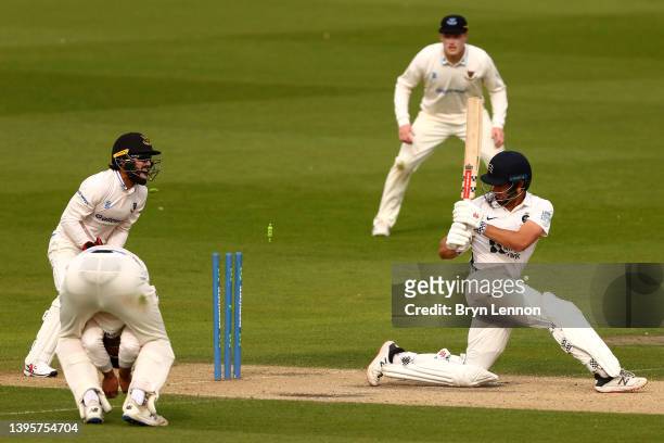 Sussex celebrate as Mason Crane bowls out Max Holden of Middlesex during the LV= Insurance County Championship match between Sussex and Middlesex at...