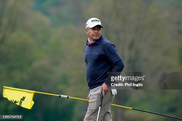 Adilson DaSilva holds the flag on the 3rd hole during Day One of the Riegler & Partner Legends at Murhof Golf Club on May 06, 2022 in Frohnleiten,...