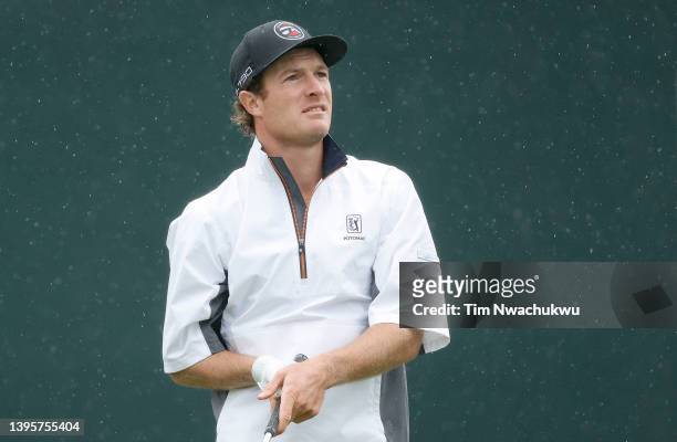 Drew Nesbitt of Canada looks on from the 17th tee during the second round of the Wells Fargo Championship at TPC Potomac Clubhouse on May 06, 2022 in...