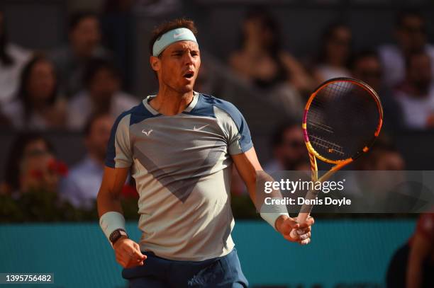 Rafael Nadal of Spain reacts in their quarter-final match against Carlos Alcaraz Garfia of Spain during day nine of Mutua Madrid Open at La Caja...