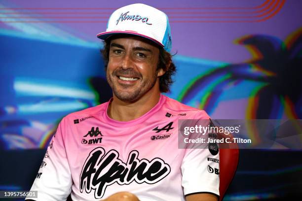 Fernando Alonso of Spain and Alpine F1 talks in the Drivers Press Conference prior to practice ahead of the F1 Grand Prix of Miami at the Miami...