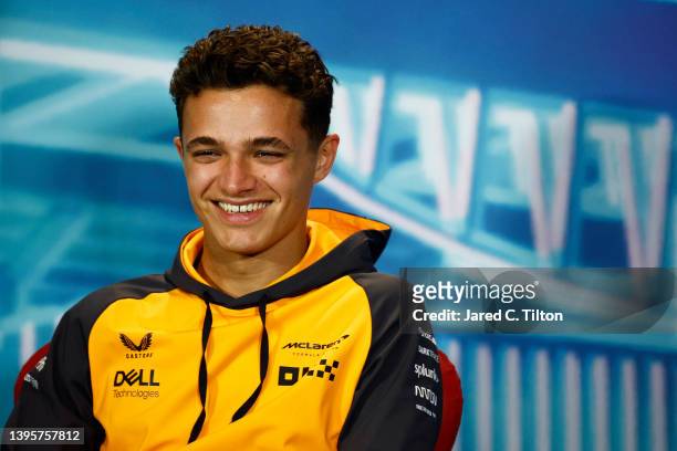 Lando Norris of Great Britain and McLaren talks in the Drivers Press Conference prior to practice ahead of the F1 Grand Prix of Miami at the Miami...