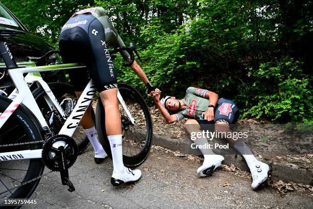 Mathieu Van Der Poel of Netherlands and Team Alpecin - Fenix celebrates at finish line as stage winner during the 105th Giro d'Italia 2022, Stage 1 a...