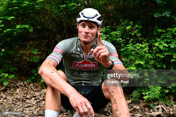 Mathieu Van Der Poel of Netherlands and Team Alpecin - Fenix celebrates at finish line as stage winner during the 105th Giro d'Italia 2022, Stage 1 a...