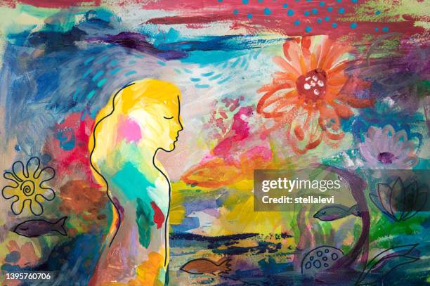 woman meditating in nature. my own work. - depressed person living alone drawing stock illustrations
