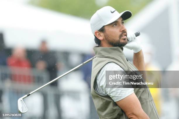 Jason Day of Australia watches his shot from the 17th tee during the second round of the Wells Fargo Championship at TPC Potomac Clubhouse on May 06,...