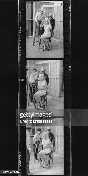 Magnum photographer Elliott Erwitt lines up American actors Montgomery Clift , Clark Gable and Marilyn Monroe for a publicity shoot for the film 'The...