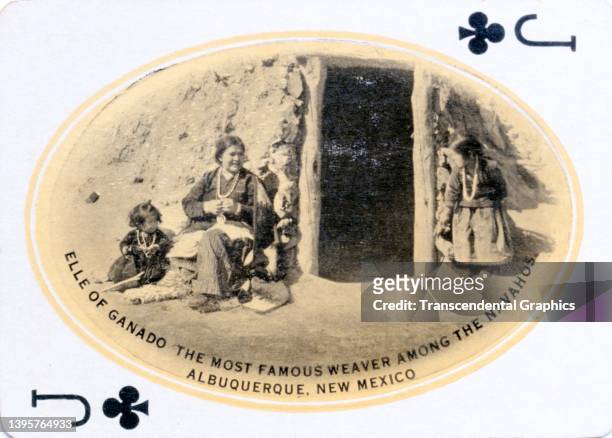 View of a 'Jack of Clubs' that features a photo of a woman identified as 'Elle of Ganado, the Most Famous Weaver among the Navajos,' with several...